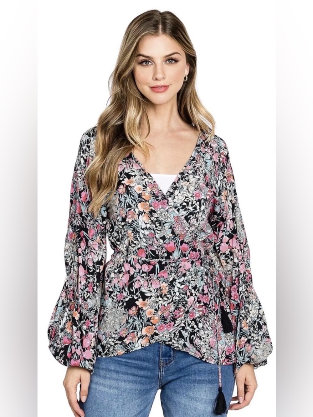 LOVESTITCH Black/Pink Floral Viscose Long Balloon Sleeve Wrap Blouse Sz Small